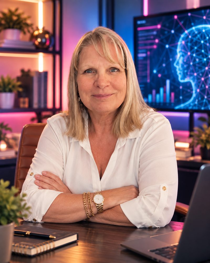Carla, a 72-year-old AI Creator Academy member, sitting at her desk with her arms crossed
