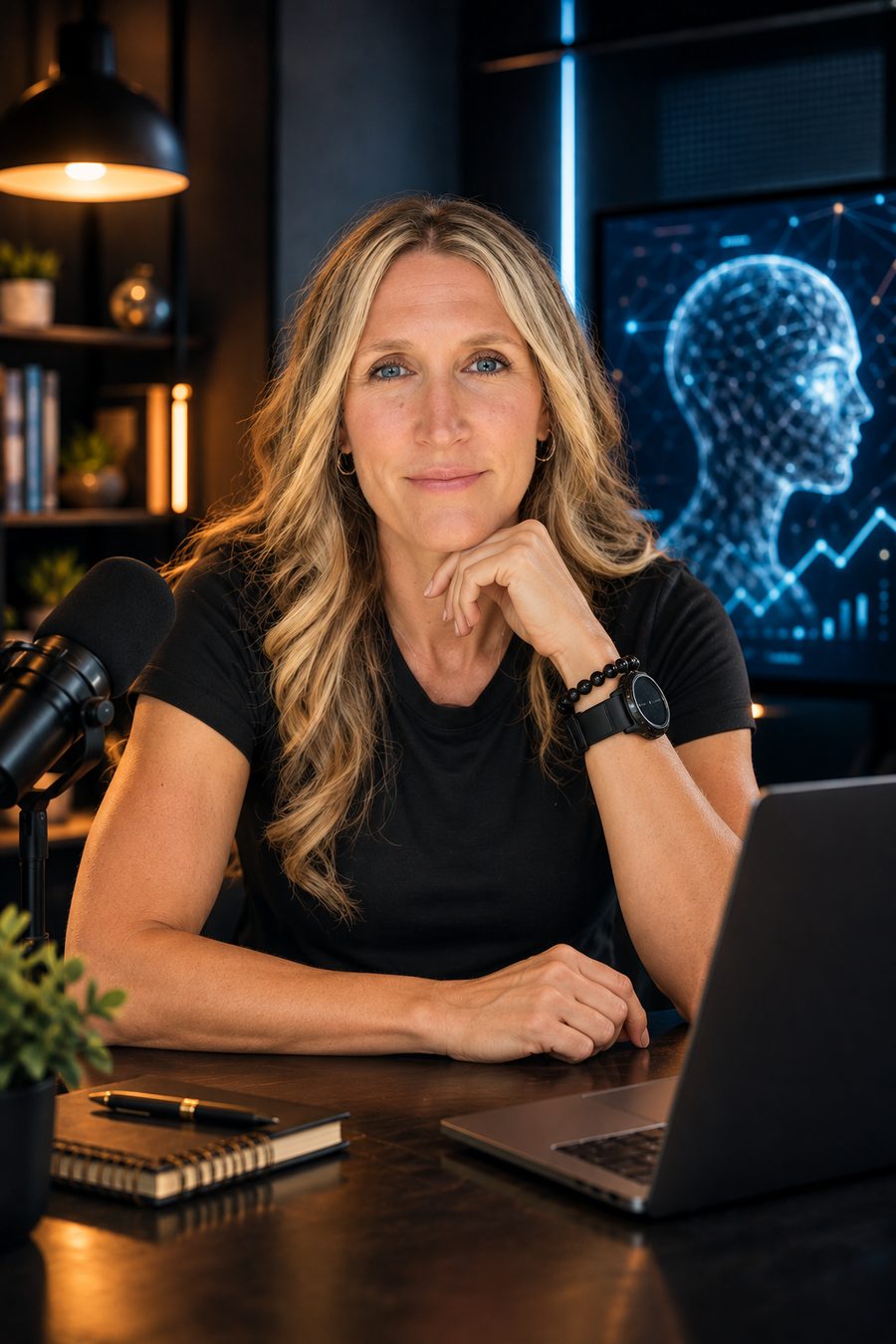 AI-generated image of Ivy at a desk with a microphone, laptop and glowing screens
